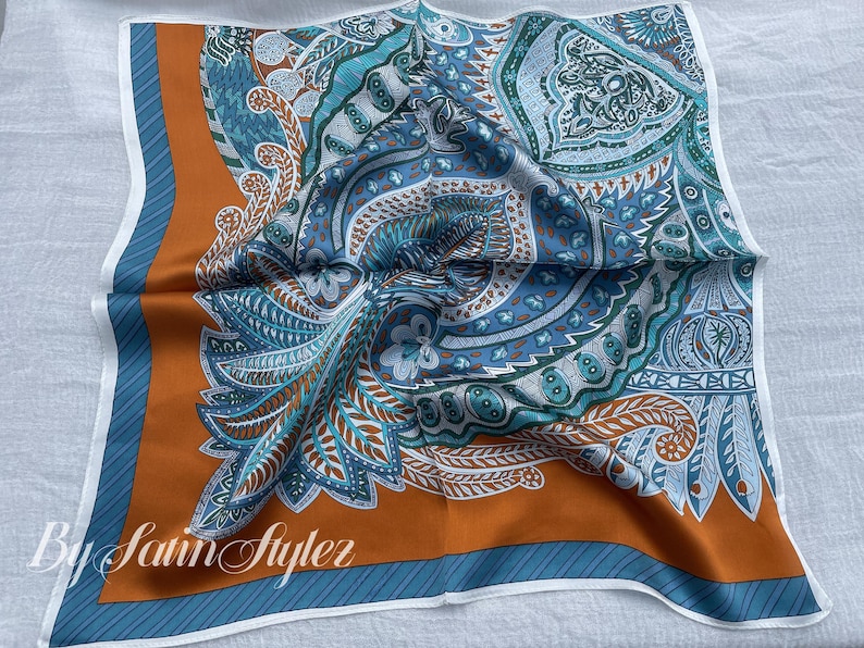 100% Silk Scarf, Paisley Silk Neck Scarf, Silk Bandanna, Silk Neckerchief, Silk Hair Scarf, Personalized Scarf, Pick 3 For Discount, 21"x21" Orange Blue Paisley