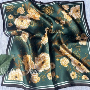 100% Silk Scarf, Pure Silk Neck Scarf, Silk Bandanna, Silk Neckerchief, Silk Hair Scarf, Personalized Scarf Gift,Pick 3 For Discount 21"x21" Green Gold Roses