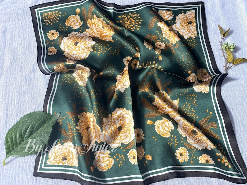 100% Silk Scarf, Pure Silk Neck Scarf, Silk Bandanna, Silk Neckerchief, Silk Hair Scarf, Personalized Scarf Gift,Pick 3 For Discount 21"x21" Green Gold Roses