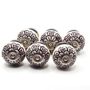 6pc Ceramic Drawer Knobs Hand Painted Floral Black Cream Red Boho Cabinet Pulls