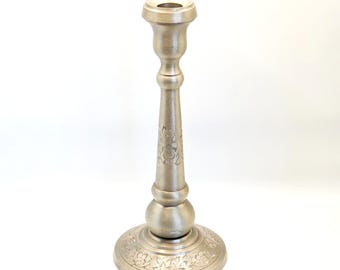 Vintage Pewter Candlestick Holder Hand Engraved Floral Design Taper Candle Stand