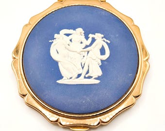 Vintage Wedgwood Stratton England Powder Compact Blue Jasperware Three Graces