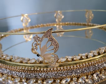 Elegant 14-Inch Gold Butterfly Vanity Tray – Luxury Mirrored Decor with Crystal Accents