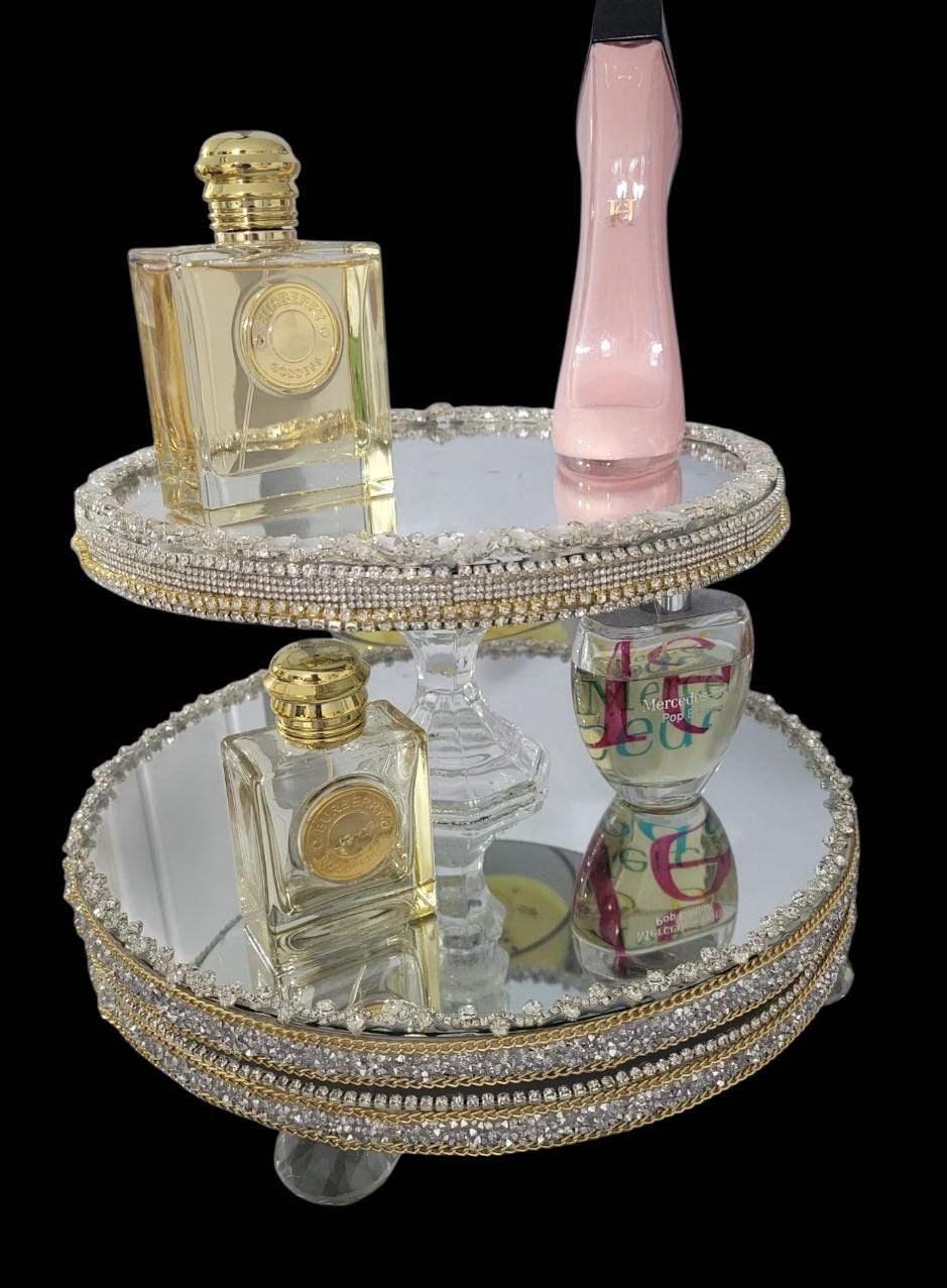 Luxurious 2-Tier Mirrored Vanity Tray – 10" and 12" Round Display Stand with Rhinestones & Gold Chain Accents