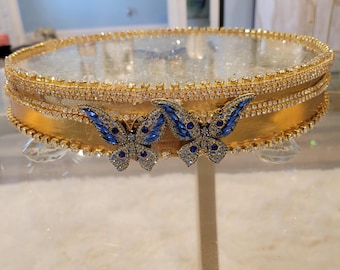 Luxury 12&quot; Butterfly Gold Vanity Tray | Crushed Glass Mirrored Display | Elegant Handcrafted Tray