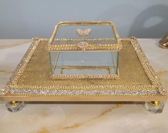 Gold Glitter Butterfly Jewelry Box Vanity Tray – Mirrored Keepsake Display with Crystal Feet & Rhinestone Accents – One of a Kind