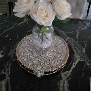 Luxury 12" Rotating Crystal Vanity Tray – Elegant Mirrored Display with Gold & Silver Accents