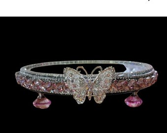 10-Inch Pink Butterfly Glam Vanity Tray | Crystal Feet, Rhinestones & Mirrored Surface