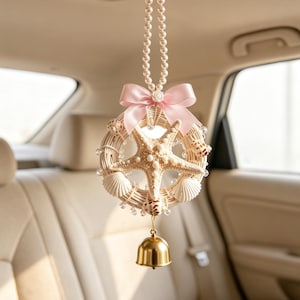 Seaside Starfish Wind Chime, Shell Pearl Car Mirror Hanging, Nautical Coastal Decor Ornament Charm