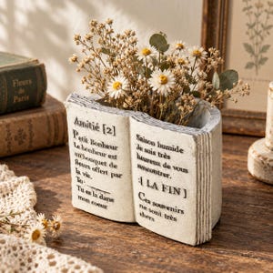 Peut inclure: Un pot de fleurs en forme de livre couleur crème avec du texte français noir sur les pages ouvertes, incluant les mots Amitié, Petit Bonheur et LA FIN. Le pot contient un bouquet de marguerites blanches séchées et de feuillage d'eucalyptus.