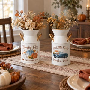 Pumpkin Patch Milk Can Vase, Blue Truck or Pumpkin Design, White, Gold Rim and Silver Bow Options, Rustic Farmhouse Autumn Decor