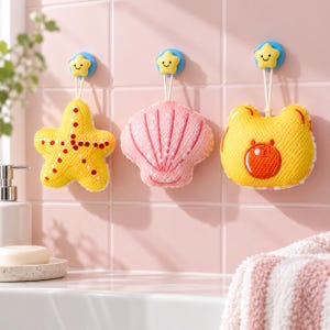 Peut inclure: Trois éponges de bain en maille en forme d'étoile de mer jaune, de coquillage rose et de visage d'ours jaune. Chaque éponge est suspendue à un crochet mural circulaire bleu avec une petite étoile jaune souriante, fixée par un cordon blanc.