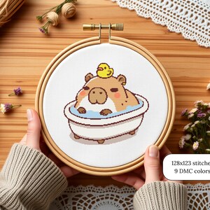 Modern Bathroom Art Pattern Kawaii Capybara Design Digital Cross Stitch Download Bath Time Scene Rubber Duck Friend Beginner Friendly Project Easy Stitch Guide Complete Instructions Perfect Wall Art Adorable Animal Design