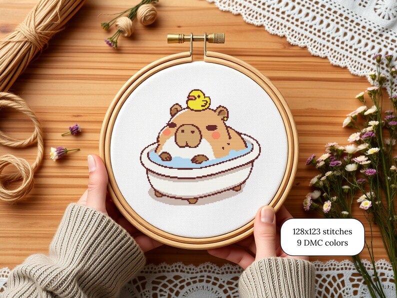 Modern Bathroom Art Pattern Kawaii Capybara Design Digital Cross Stitch Download Bath Time Scene Rubber Duck Friend Beginner Friendly Project Easy Stitch Guide Complete Instructions Perfect Wall Art Adorable Animal Design