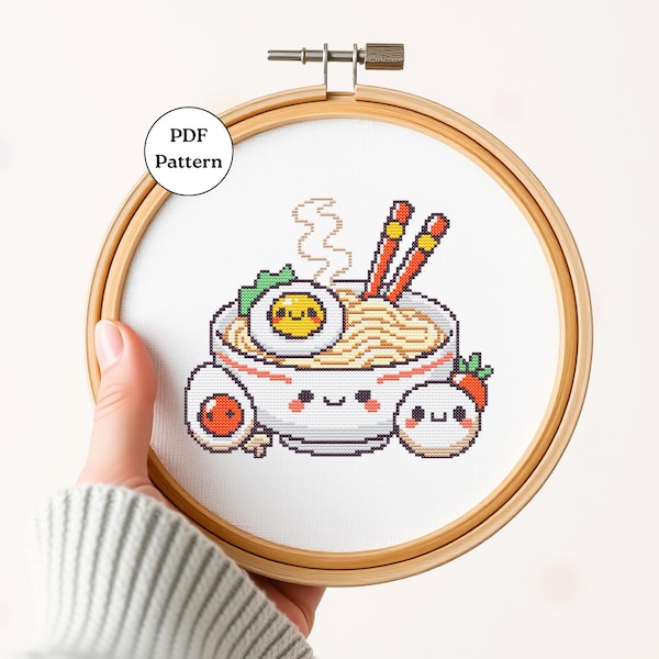 Kawaii Ramen Cross Stitch Pattern PDF Cute Food Embroidery for Beginners Easy Counted Cross Stitch for Kitchen Craft Decor Food Lover Gift