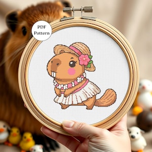 Summer Capybara Cross Stitch Pattern Cute Animal Embroidery PDF Easy Counted Cross Stitch for Beginners DIY Decor Capybara Lover Gifts