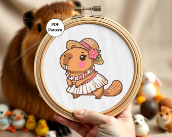 Summer Capybara Cross Stitch Pattern Cute Animal Embroidery PDF Easy Counted Cross Stitch for Beginners DIY Decor Capybara Lover Gifts