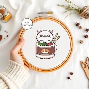 Cute Sushi Cat Cross Stitch Pattern Digital PDF Kawaii Cat Embroidery Beginner Friendly Craft Decor Project Pixel Art Design Home Office