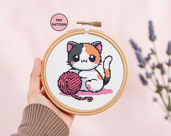 Cute Cat Cross Stitch Pattern PDF Easy Kawaii Cat Embroidery for Beginners Counted Cross Stitch DIY Wall Art Decor Gift for Feline Cat Lover
