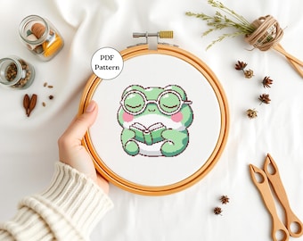 Cute Frog Cross Stitch Pattern Kawaii Bookworm Frog Embroidery PDF Easy Beginner Cross Stitch DIY Wall Art Decor Gifts for Frog Lovers