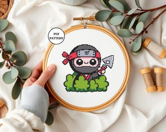 Cute Chibi Cross Stitch Pattern Cute Ninja Embroidery PDF Easy Counted Cross Stitch for Beginners Craft Decor Project Pixel Art Design