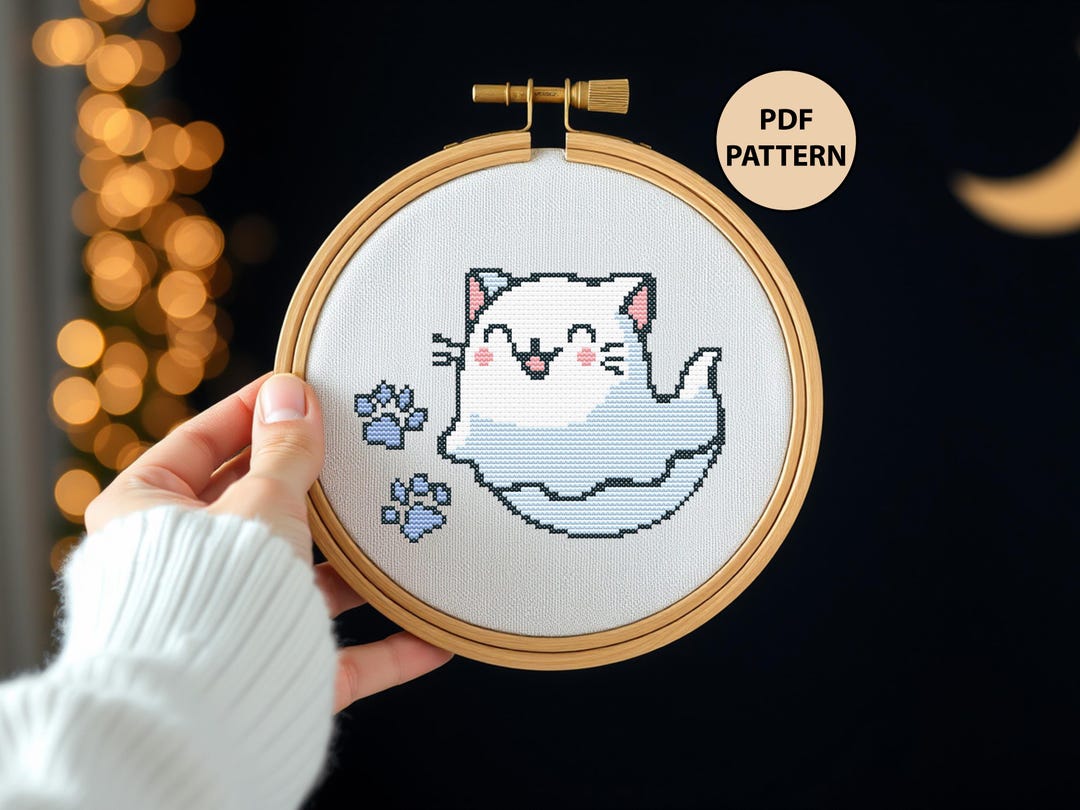 Halloween Cute Ghost Cat Cross Stitch Pattern Kawaii Cat Ghost ...