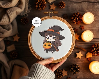 Halloween süße Hexe Kreuzstich Muster Kawaii Hexe Stickerei PDF modernes Design für Anfänger Halloween Handwerk Dekor Wand Kunst Projekt