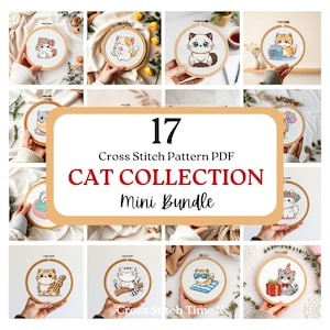 Könnte beinhalten: Eine Sammlung von 17 Kreuzstichmustern mit niedlichen Katzen in verschiedenen Posen. Die Muster sind als PDF-Download erhältlich und perfekt für Anfänger bis Fortgeschrittene im Kreuzstich. Die Muster beinhalten Katzen mit Ballons, Katzen mit Hüten, Katzen, die sich entspannen, und vieles mehr.
