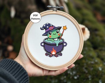Frog Cross Stitch Pattern Kawaii Witch Frog Embroidery PDF Easy Counted Cross Stitch for Beginners Goblincore Toad Craft Decor DIY Gifts