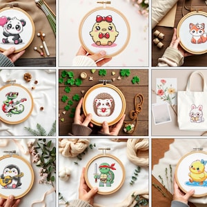 Pu&ograve; includere: Una collezione di cerchi da ricamo con vari disegni di animali e personaggi carini. I disegni includono un panda che tiene un cuore, un pulcino con un fiocco, una volpe, un riccio che tiene un cuore, una lucertola con occhiali da sole, un pinguino che tiene una chitarra, una tartaruga con una spada e un pulcino con un fiocco.