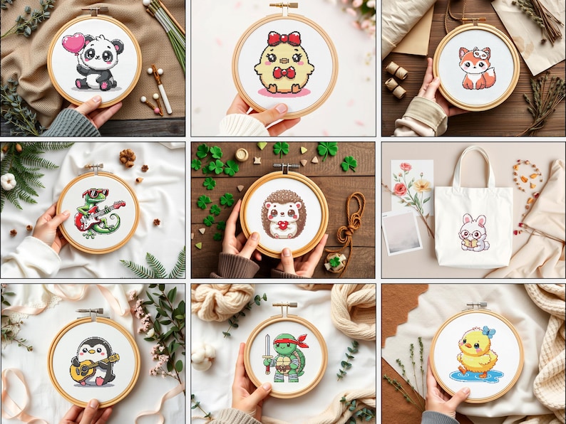 Pu&ograve; includere: Una collezione di cerchi da ricamo con vari disegni di animali e personaggi carini. I disegni includono un panda che tiene un cuore, un pulcino con un fiocco, una volpe, un riccio che tiene un cuore, una lucertola con occhiali da sole, un pinguino che tiene una chitarra, una tartaruga con una spada e un pulcino con un fiocco.