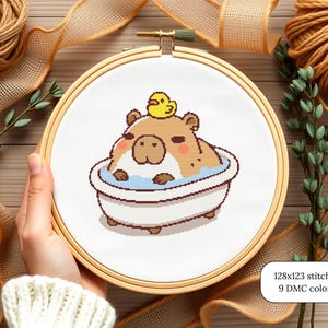 Kawaii Capybara Pattern Digital Download Cross Stitch Project Cute Bathroom Wall Art Design Rubber Duck Bath Scene Beginner Friendly Chart Easy Stitch Guide Complete Instructions Modern Home Style Adorable Animal Artwork Perfect Starter