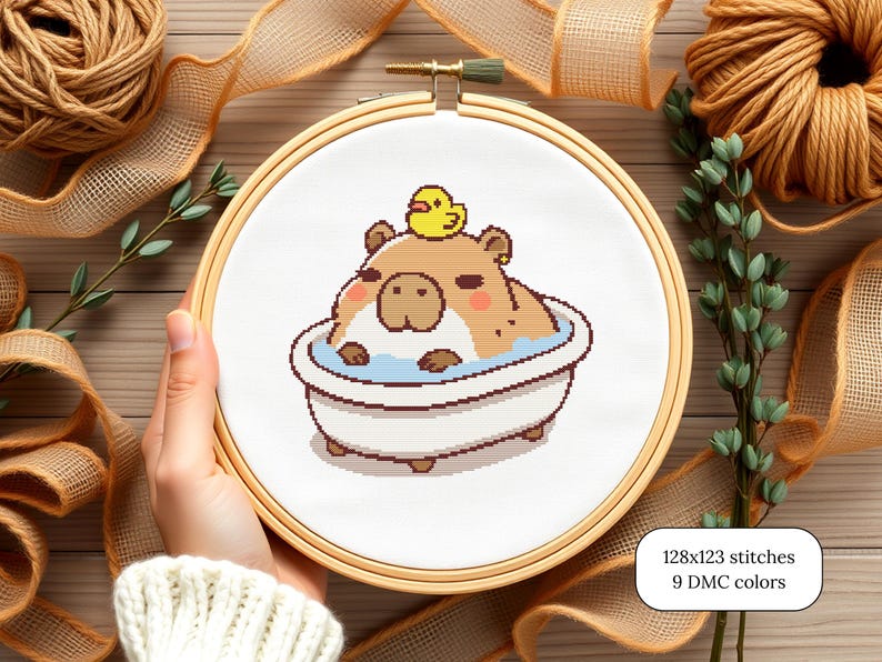 Kawaii Capybara Pattern Digital Download Cross Stitch Project Cute Bathroom Wall Art Design Rubber Duck Bath Scene Beginner Friendly Chart Easy Stitch Guide Complete Instructions Modern Home Style Adorable Animal Artwork Perfect Starter