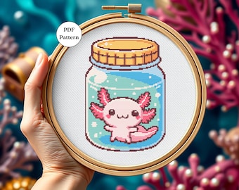 Schema punto croce Axolotl in formato digitale da scaricare in formato PDF, idea per progetti adatti ai principianti, modello di ricamo carino, Pixel Craft, barattolo di vetro da parete