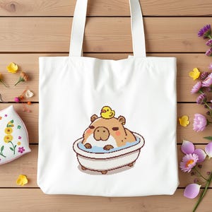 Digital Cross Stitch Pattern Kawaii Capybara Design Bath Time Scene Rubber Duck Friend Beginner Friendly Project Modern Bathroom Wall Art Easy Stitch Guide Complete Pattern Set Adorable Animal Design Perfect First Project