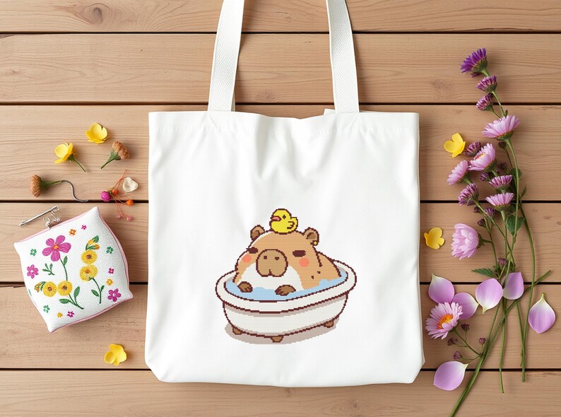 Digital Cross Stitch Pattern Kawaii Capybara Design Bath Time Scene Rubber Duck Friend Beginner Friendly Project Modern Bathroom Wall Art Easy Stitch Guide Complete Pattern Set Adorable Animal Design Perfect First Project