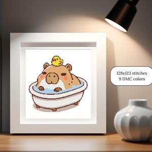 Digital Cross Stitch Pattern Kawaii Capybara Design Bath Time Scene Rubber Duck Friend Beginner Friendly Project Modern Bathroom Wall Art Easy Stitch Guide Complete Pattern Set Adorable Animal Design Perfect First Project