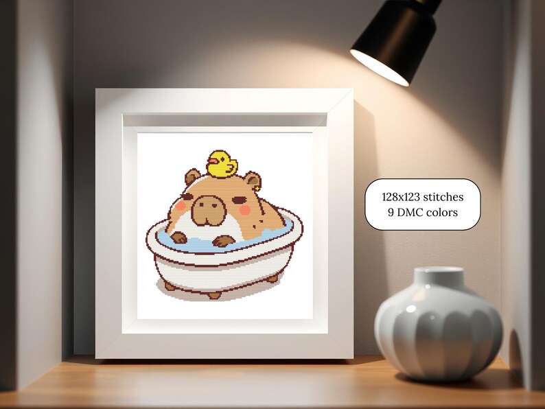 Digital Cross Stitch Pattern Kawaii Capybara Design Bath Time Scene Rubber Duck Friend Beginner Friendly Project Modern Bathroom Wall Art Easy Stitch Guide Complete Pattern Set Adorable Animal Design Perfect First Project