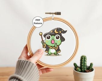 Wizard Frog Cross Stitch Pattern Witch Frog Embroidery PDF Cute Toad Witchcraft Counted Cross Stitch for Beginners Cottagecore Decor Gifts