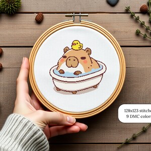 Beginner Cross Stitch Pattern Kawaii Capybara Bath Design Digital Download Project Cute Animal Scene Rubber Duck Friend Modern Bathroom Art Easy Stitch Guide Complete Instructions Perfect Starter Kit Adorable Wall Decoration