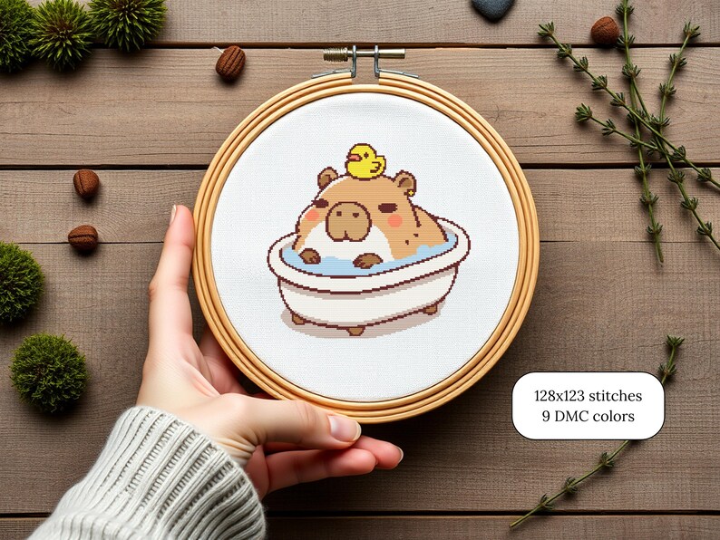 Beginner Cross Stitch Pattern Kawaii Capybara Bath Design Digital Download Project Cute Animal Scene Rubber Duck Friend Modern Bathroom Art Easy Stitch Guide Complete Instructions Perfect Starter Kit Adorable Wall Decoration