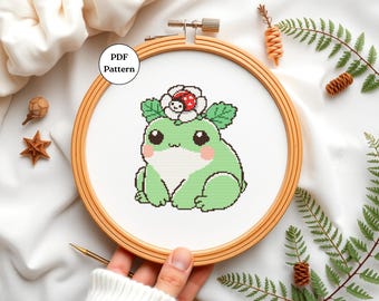 Kawaii Frog Cross Stitch Pattern Cute Frog Embroidery PDF Beginner-Friendly Cross Stitch Pixel Art Design DIY Craft Decor Frog Lover Gifts