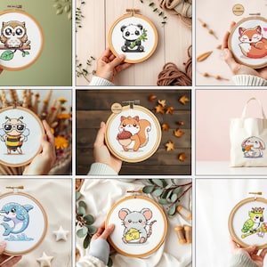 Pu&ograve; includere: Nove motivi da ricamo in cerchio che presentano disegni di animali carini. I disegni includono un panda, una volpe, un'ape, uno scoiattolo, un topo, un delfino, un gufo, un coniglio e un pappagallo. I cerchi sono tutti in legno e hanno uno sfondo bianco.
