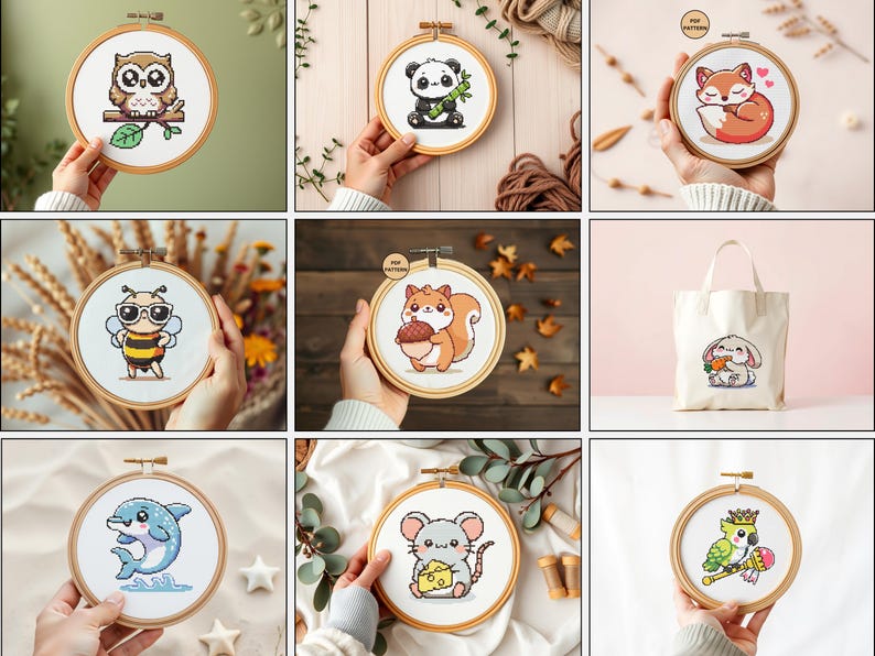 Pu&ograve; includere: Nove motivi da ricamo in cerchio che presentano disegni di animali carini. I disegni includono un panda, una volpe, un'ape, uno scoiattolo, un topo, un delfino, un gufo, un coniglio e un pappagallo. I cerchi sono tutti in legno e hanno uno sfondo bianco.