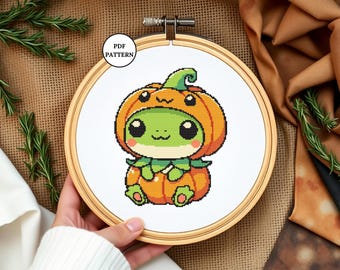 Halloween Pumpkin Frog Cross Stitch Pattern Cute Frog Embroidery PDF Easy Counted Cross Stitch for Beginners Carft Decor Pixel Art DIY Gifts