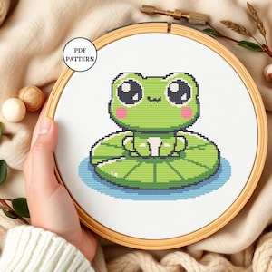 Patrón de punto de cruz de rana, lindo bordado de rana en PDF, punto de cruz contado para principiantes, manualidades de bricolaje, decoración, diseño cottagecore, estilo pixel art.