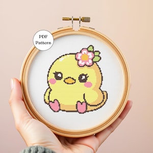 Kawaii Duck Cross Stitch Pattern Cute Animal Embroidery PDF Flower Duckling Counted Cross Stitch for Beginners DIY Duckling Lovers Gifts
