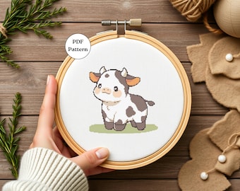 Schema punto croce mucca kawaii PDF Simpatico ricamo di animali da fattoria Pixel Art Design Schema DMC Progetto di artigianato per principianti Decorazione murale