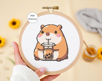 Söt kapybara korsstygnsmönster PDF Kawaii djurbroderi Enkelt räknat korsstygn för nybörjare DIY väggdekor Kapybaraälskare presenter