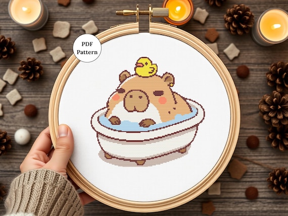 Kawaii Capybara Cross Stitch Beginner Stitching Pattern Easy Project Digital Download Craft Design Wall Art Bath Gift Idea Craft Room DIY